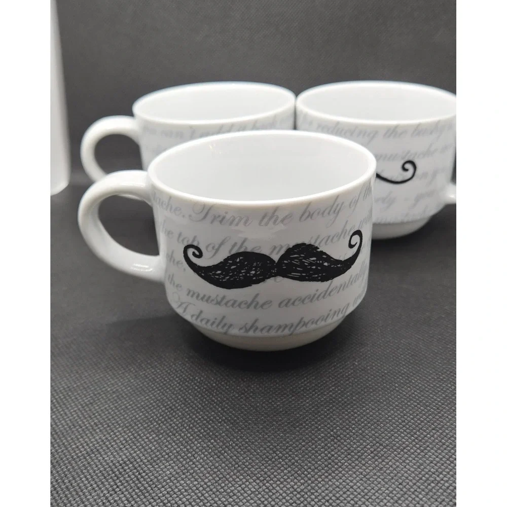 Set of 4 Pier 1 Mustache Ceramic Coffee Mugs White Black Handlebar Chevron Mugs